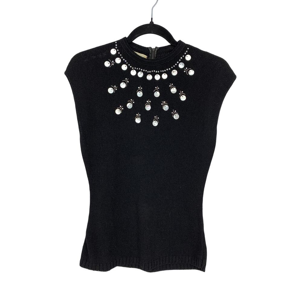 Vintage Lasso Scotland Cap Sleeve Embellished Sweater Top Womens Sz S Black